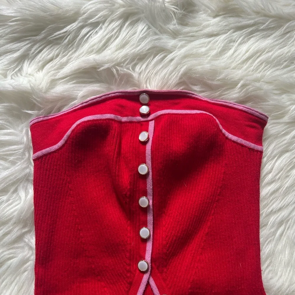 Red strapless ribbed knit top - Picture 2 of 7